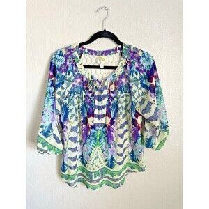 Fig & Flower Blouse Women's Size Petite Large Boho Abstract Print Floral Lace
